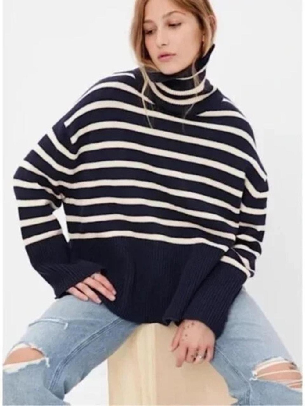 GAP Navy and Cream Striped Turtleneck Sweater